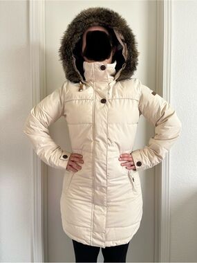 Roxy Women's warm Cream Puffer Coat with Faux Fur Trim Hood